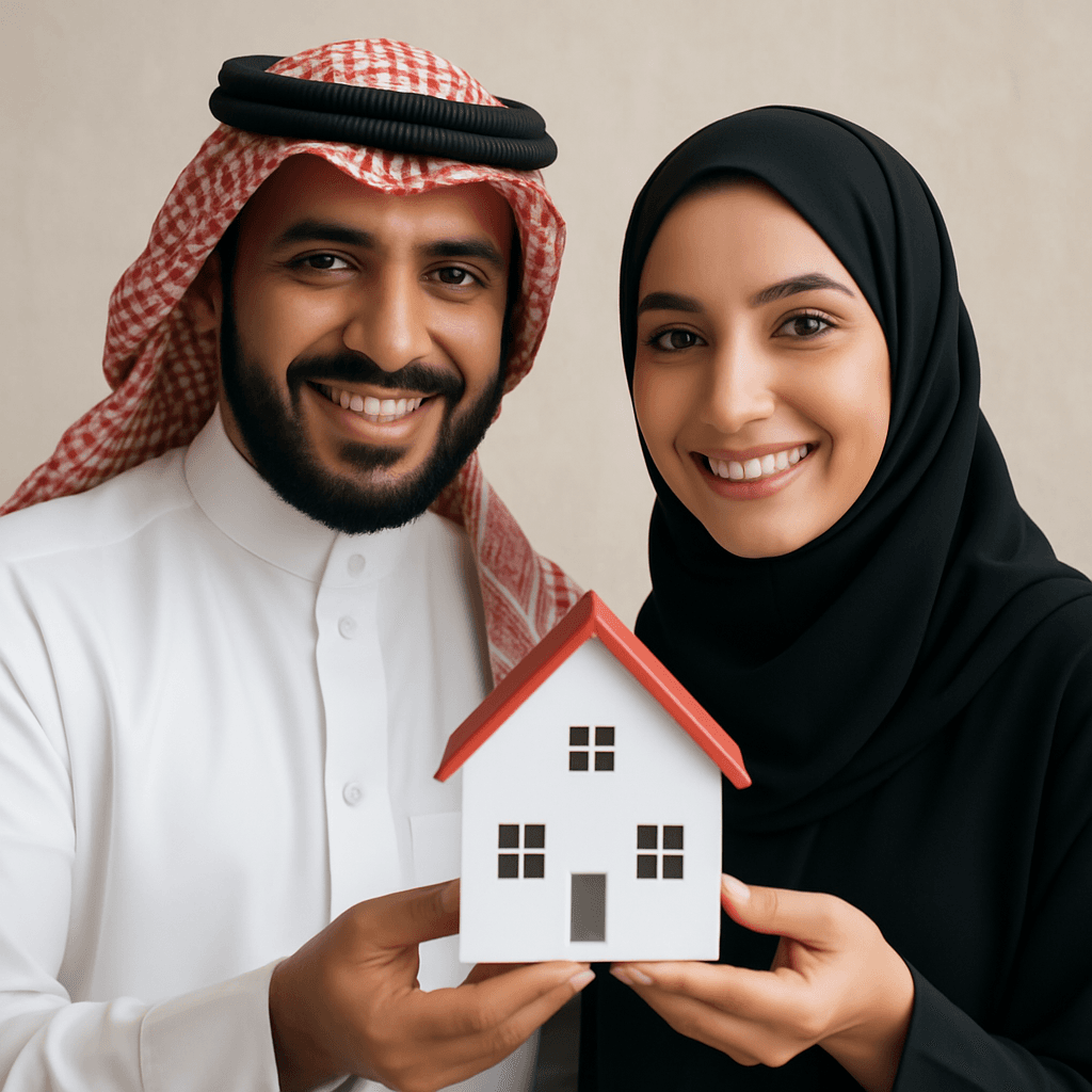 Couple holding a house model